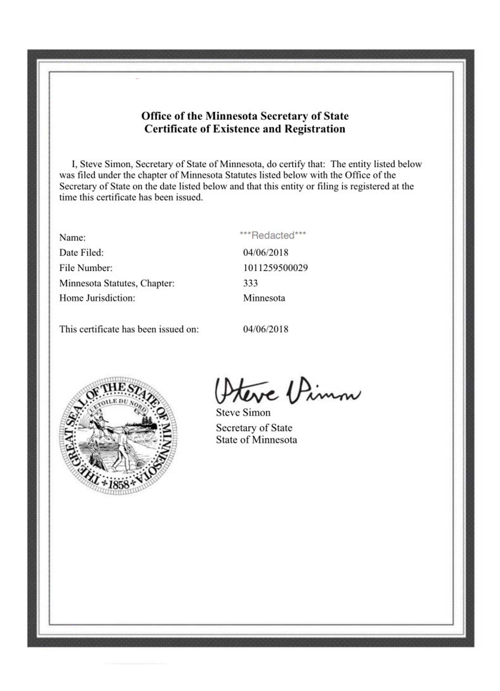 USA Minnesota certificate of good standing